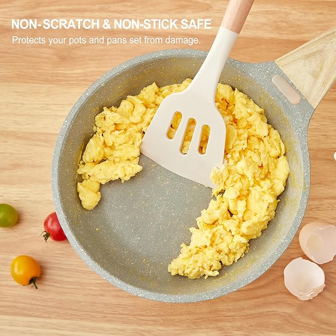 Kitchen Utensils Set - 7 PCS Non-Stick Silicone Cooking Utensils Set Spatula Set with Holder, Wooden Handle Spoon,Tongs,Whisk Kitchen Gadgets Tools Set for Nonstick Cookware (Cream White-7Max)
