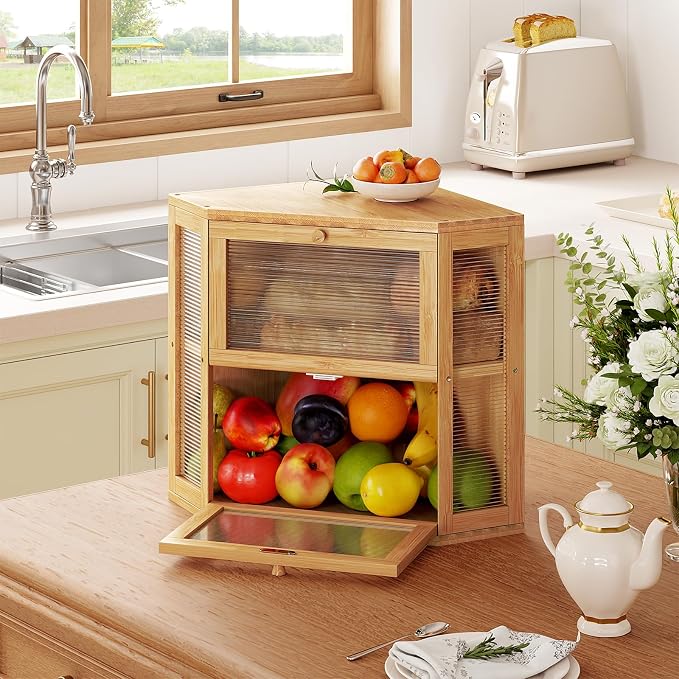 WOWLIVE Double Layer Corner Bread Box for Kitchen Countertop with 2 Doors | Bamboo Bread Storage Container, Large Farmhouse Breadbox with Acrylic Wavy Door, Under Cabinet Organizer, Natural, Medium