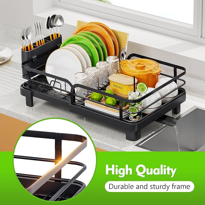 TOOLF Expandable Dish Drying Rack for Kitchen Counter, Black | Stainless Steel Dish Drainer with Drainboard Set & Cutlery Holder, Extendable 13.7“-20.5”L, Rust-Proof, Fits for 1-3 People