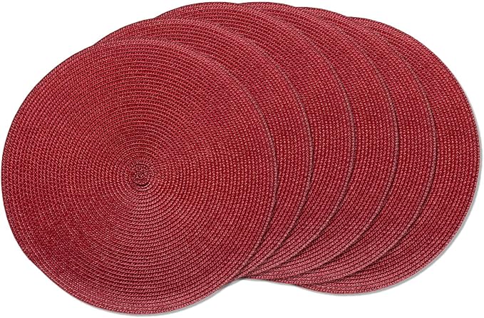 AHHFSMEI Round Placemats Set of 6 Heat Resistant Washable Non-Slip Woven Braided Table Mats for Dining Table Kitchen & Home Decor (Burgendy Red)