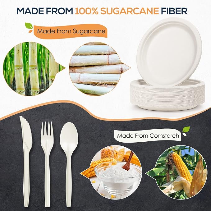 250Pcs Disposable Paper Plates Compostable Plates and Utensils | Eco Friendly Dinnerware Kit Includes 50 Biodegradable Plates, Forks, Knives and Spoons for Brithday Party Camping Picnic