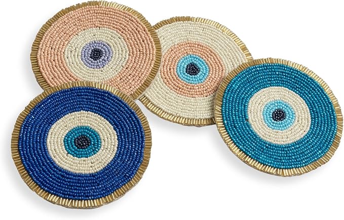 Folkulture Cute Coasters Set of 4 for Drink, Boho Table Decor & Party Décor | Evil Eye Beaded Handmade Round Drink Coasters for Coffee Table & Bar, Hand-Crafted Cute Coasters Housewarming Gifts