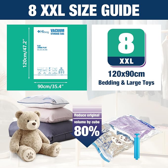 XXL Jumbo Vacuum Seal Storage Bags Extra Large for Clothing Bedding | 47''X35'', Airtight Triple Seal, Save 80% Space, Hand Pump, Work with Vacuum, Double Zip, Reusable, Easy to Use, 8 pack