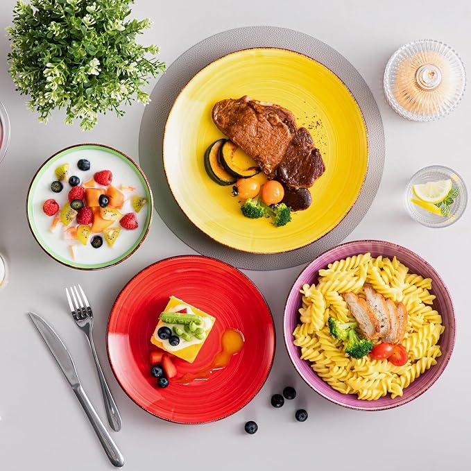 vancasso Bonita Dinnerware Sets, 24 Pieces Multicolor Stoneware Dinner Set | Handpainted Spirals Pattern Ceramic Plates and Bowls Sets, Kitchen Plate Set for 6 Dishes Sets-Microwave and Dishwasher Safe
