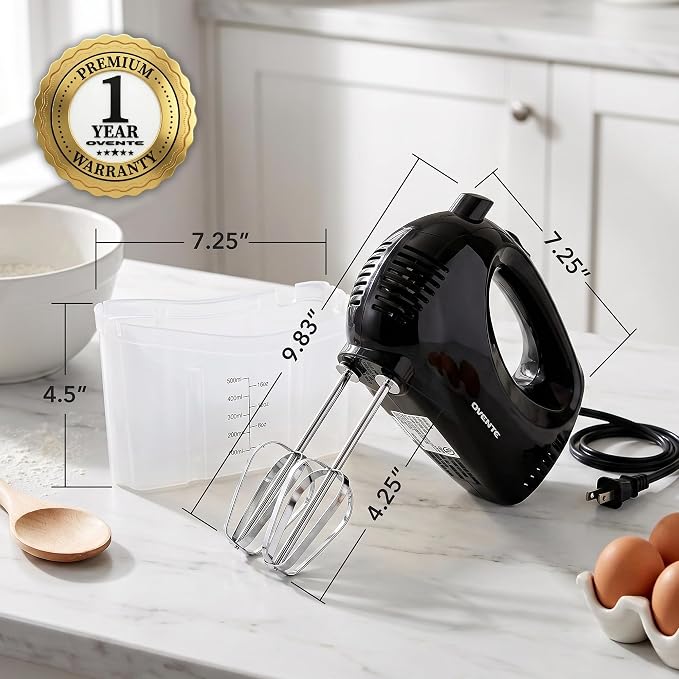 OVENTE 5-Speed Electric Hand Mixer with Storage Case,150W, Black HM151B | Stainless Steel Whisks, Compact Portable Design, Lightweight Handheld Mixer for Baking & Cooking
