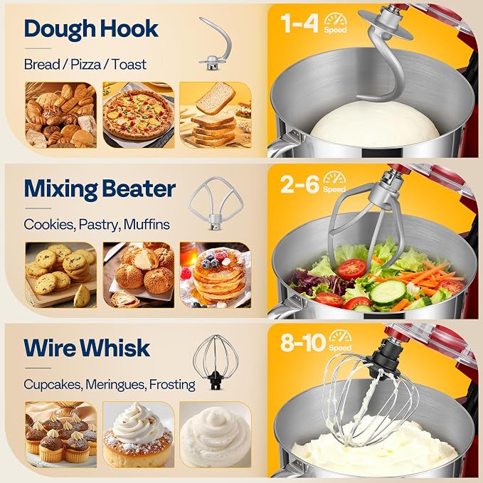 VIVOHOME Stand Mixer, 6-Quart Tilt-Head Kitchen Mixer with Bowl, Red | 10 Speeds, Splash Guard, Dough Hook, Beater, Whisk, Egg Separator, for Cake & Bread