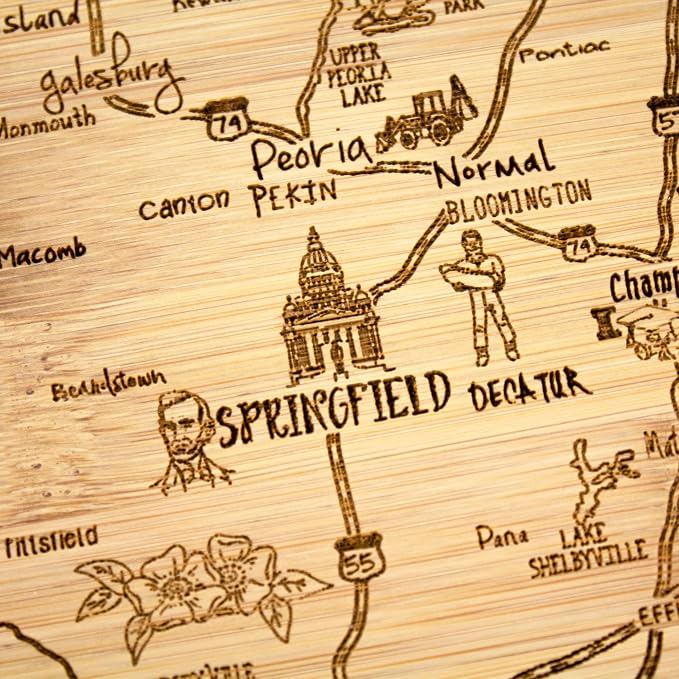 Totally Bamboo A Slice of Life Illinois Engraved Map Cutting Board | 11” x 8.75” charcuterie board with engraved state map artwork. Smooth reverse side for food prep. Hang tie for wall display.