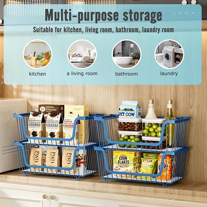 4 Pcs Stackable Wire Baskets for Pantry Organizers and Storage,blue, | Vegetable Fruit Basket for Countertop,Kitchen Storage Metal Baskets,Produce Potato Onion Storage Bin,