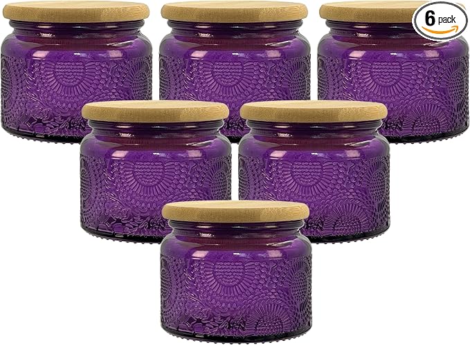 4 oz Decorative Small Glass Jars with Airtight Bamboo Lids, Purple 6 Pack | Vintage embossed color coated containers, kitchen pantry bathroom organization & decor, spices, DIY gifts, candle making