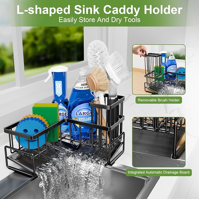 Fikoksol Large Sponge Holder for Kitchen Sink, 90-Degree Sink Caddy Storage | Self Draining Sponge Rack for Countertop, Metal L-Shaped Dish Soap Organizer with Brush Holder, Corner Sink Storage Ideas