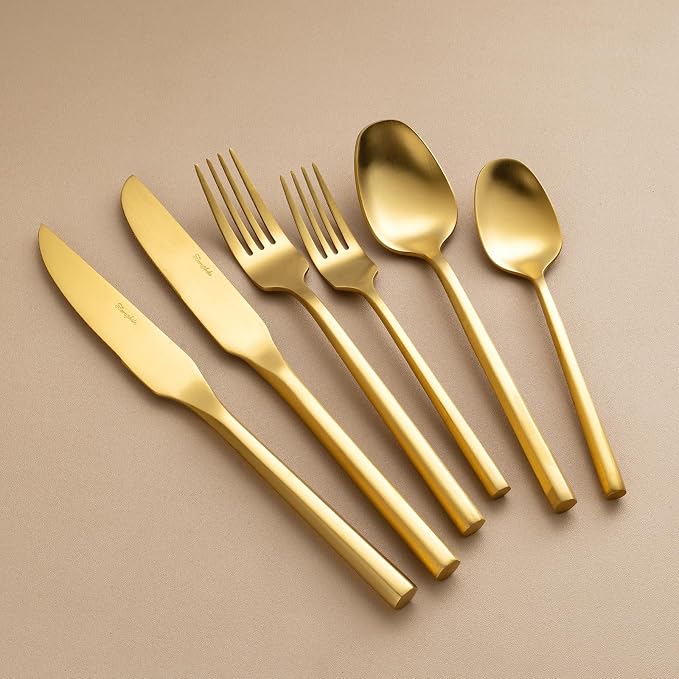 Gold Silverware Set with Steak Knives,Zerophilo Flatware Set with Hexagon Handle 24 Pieces 18/0 Stainless Steel Cutlery Set for 4,Dishwasher Safe