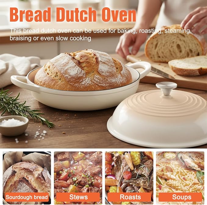 Enameled Round Cast Iron Bread Oven, 6 Qt Cast Iron Dutch Oven for Homemade Sourdough Bread Baking, Bread Pot with Dome Lid (White)