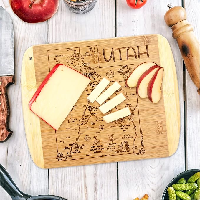 Totally Bamboo A Slice of Life Utah Engraved Map Cutting Board | 11” x 8.75” charcuterie board with engraved state map artwork. Smooth reverse side for food prep. Hang tie for wall display.