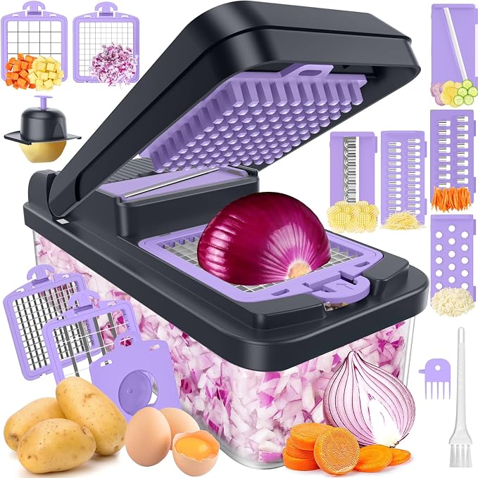 MealHelper 12-in-1 Vegetable Chopper, Food Veggie Chopper With Container | Kitchen Prep Tool, Cheese Grater, Home Essentials & Kitchen Gadgets, with Sharp Stainless Steel Blades(7 Blades, Purple)
