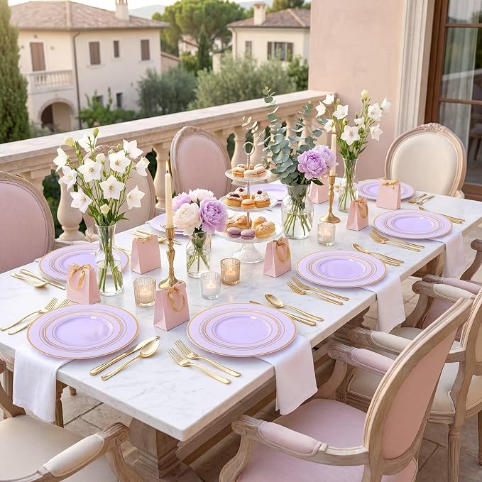 350PCS Purple Plates Disposable - Purple Plastic Plates 50Guests Lavender Disposable Dinnerware Sets with Rolled Napkins for Wedding/Birthday/Baby Shower/Bridal Shower