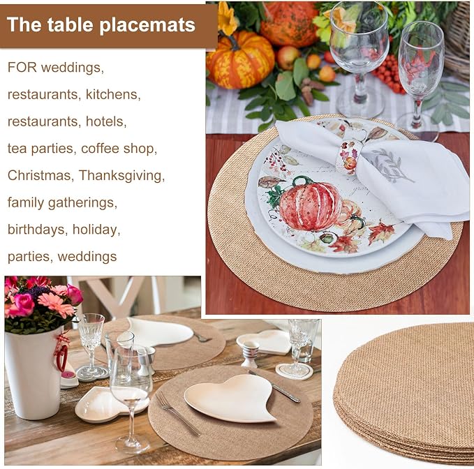 100 Pieces Round Burlap Placemats Bulk 15.75 Inch Reusable Placemats Brown Table Mats Boho Circle Rustic Table Decorations for Wedding Fall Christmas Holiday Farmhouse Party Supplies
