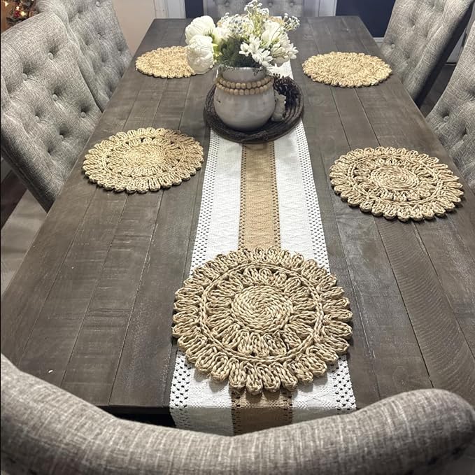 13.8" Corn Husk Woven Round Placemats Set of 8 - Wicker Boho Farmhouse Placemats - Rattan Table Mats Like Water Hyacinth for Dining Table, Wedding, Home
