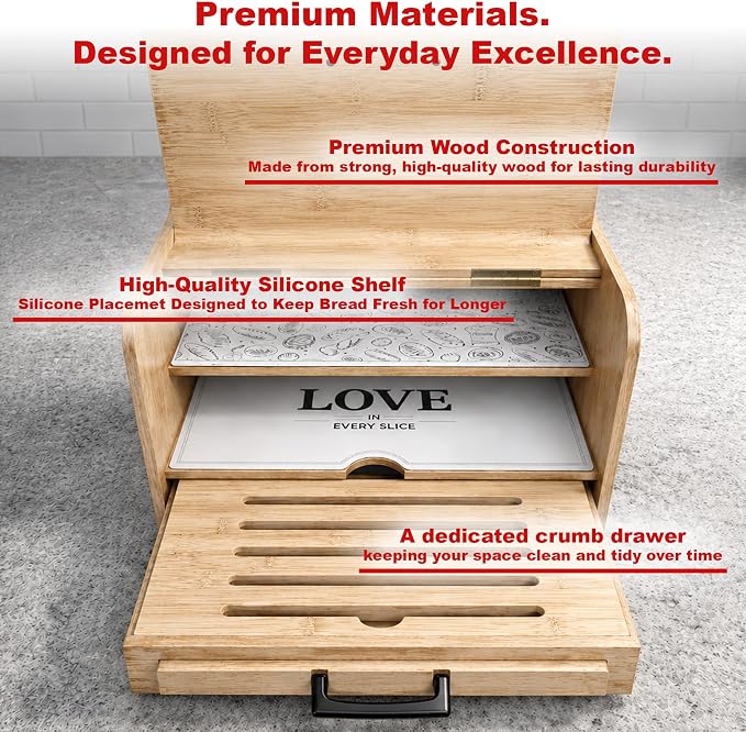KNIFEPLANET Premium FULLY ASSEMBLED Bamboo Bread Box – Extra Large Real Wood Bread Box for Kitchen Countertop Storage, Thick Durable Construction, Double Layer Design (17.5" x 10" x 12")