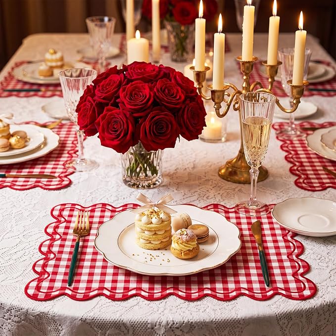 Linen Placemats Set of 12 Scalloped Placemat 13 X19 Wavy Embroidery Double Layered Washable Farmhouse Dinner Fabric Table Mat Napkin for Wedding Party Restaurant(Plaid,Red and White)
