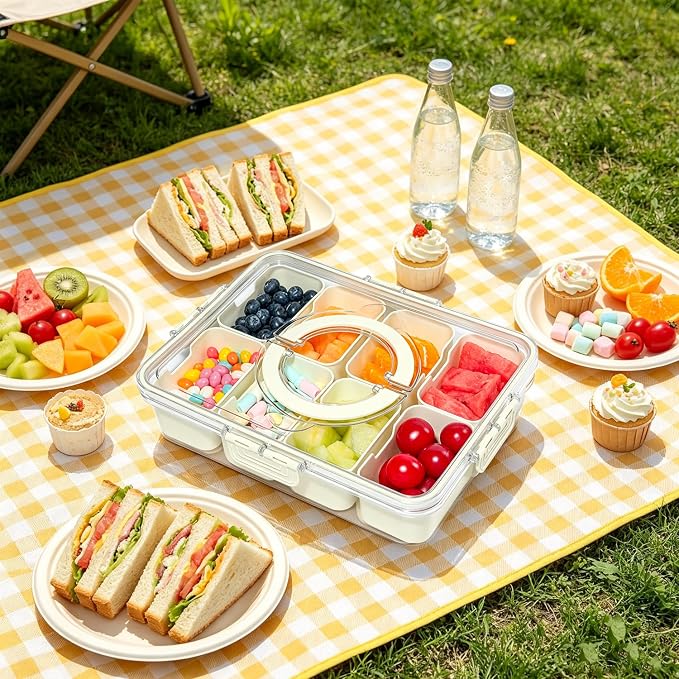 HRXFOZ Divided Serving Tray with Lid and Handle, 8 Compartment Snack Box, Portable Snack Platter for Fruits, Veggies, Nuts, Party Entertaining, Picnic (2 PCS)