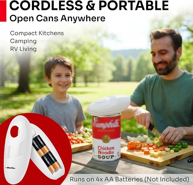 MUELLER HOME SmoothEdge Auto Electric Can Opener, White | Battery-Operated, One-Touch w Magnet Lid Lifter, Smooth-Edge Cut Technology, Portable Hands-Free Automatic
