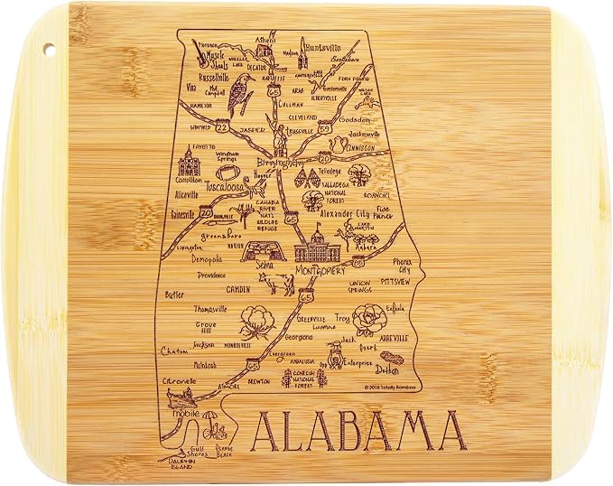 Totally Bamboo A Slice of Life Alabama Engraved Map Cutting Board | 11” x 8.75” charcuterie board with engraved state map artwork. Smooth reverse side for food prep. Hang tie for wall display.