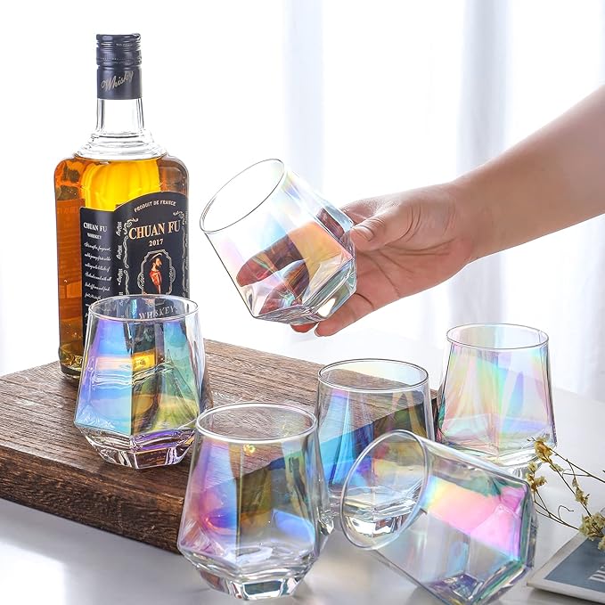 Wine Glasses Set of 2, Diamond Stemless Wine Glasses - Iridescent Glassware