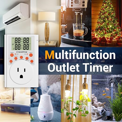 NEARPOW Infinite Cycle Digital Timer Outlet Switch, Programmable 3-Prong | Multifunctional Plug-in Electrical Timer, Energy-Saving Power Switch, Heavy Duty 15A/1800W for Household Appliances