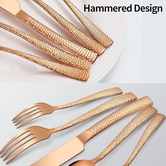Remoxye 20-Piece Rose Gold Hammered Stainless Steel Flatware Set for 4, Including Fork, Knife, Spoon Set, Home Kitchen Cutlery Sets, Dishwasher Safe