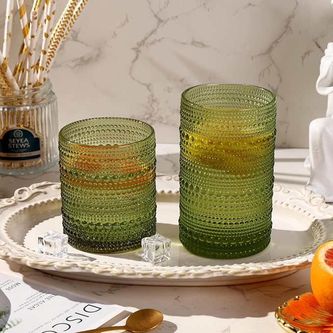 Moretoes Vintage Hobnail Drinking Glasses Set of 12,Green Water Glass Cups | Mixed Glassware Set, 6pcs 12oz Highballs and 6pcs 10oz Old Fashioned Glasses, Great for Cocktail, Whisky and Other Beverages