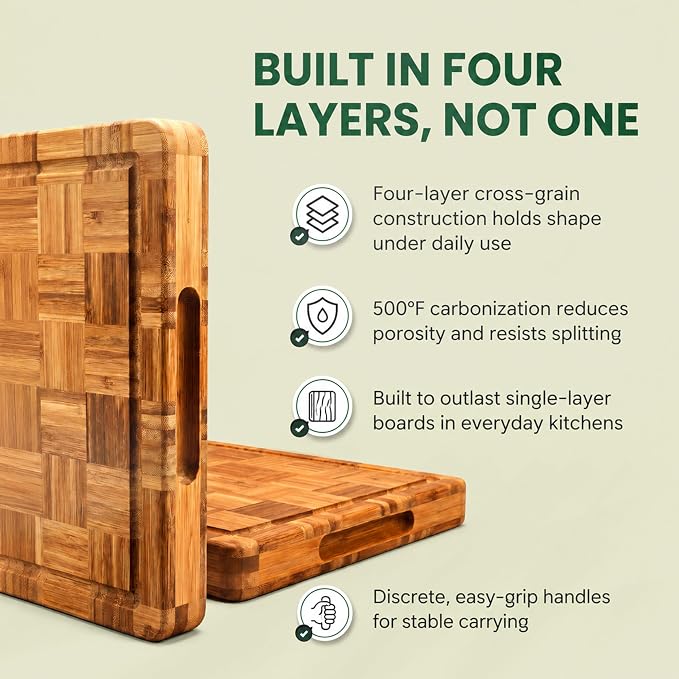 Wood Cutting Boards for Kitchen with Juice Groove, Eco-Friendly Wooden Bamboo Chopping board, Food-Safe, Non Plastic Tabla Para, Carbonized Butcher Block for Meat, Veggies Fruits, Medium