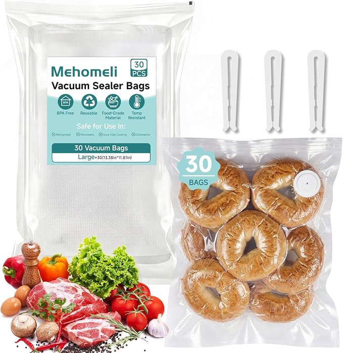 Reusable Vacuum Sealer Bags, 30 Large Bags, 11.8 x 13.4 in | BPA-free, Freezer and microwave safe, Leak-proof and odor-resistant, Compatible with most handheld vacuum sealers