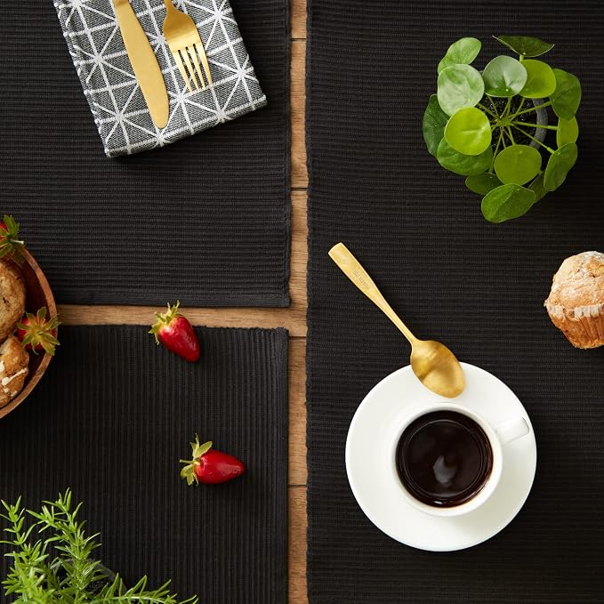 DII Basic Everyday Ribbed Tabletop 100% Cotton, Placemat Set, 13x19, Black, 6 Piece