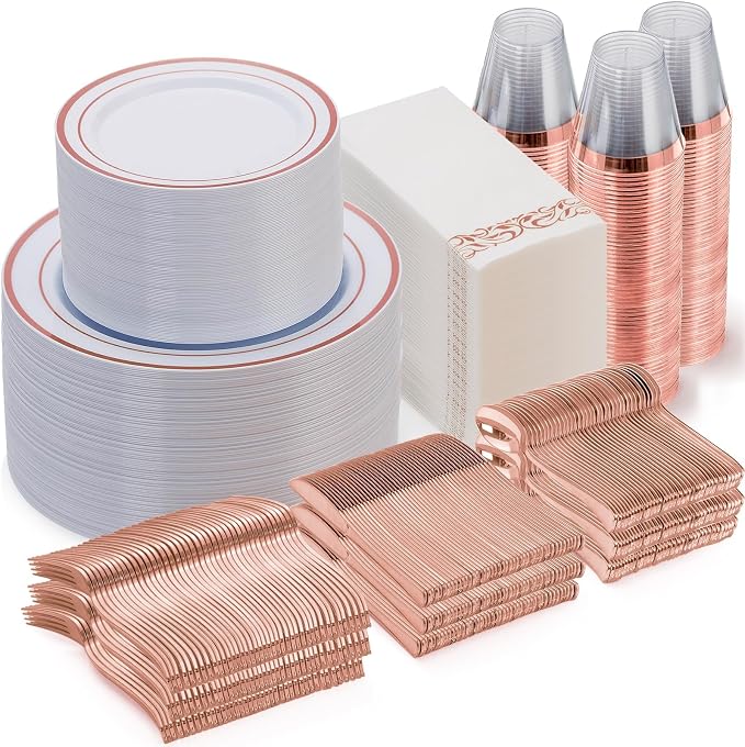 700 Pcs Rose Gold Disposable Party Dinnerware Sets for 100 Guests | Include: 100 Dinner Plates, 100 Dessert Plates, 100 Paper Napkins, 100 Cups, 100 Silverware Set for Wedding, Party