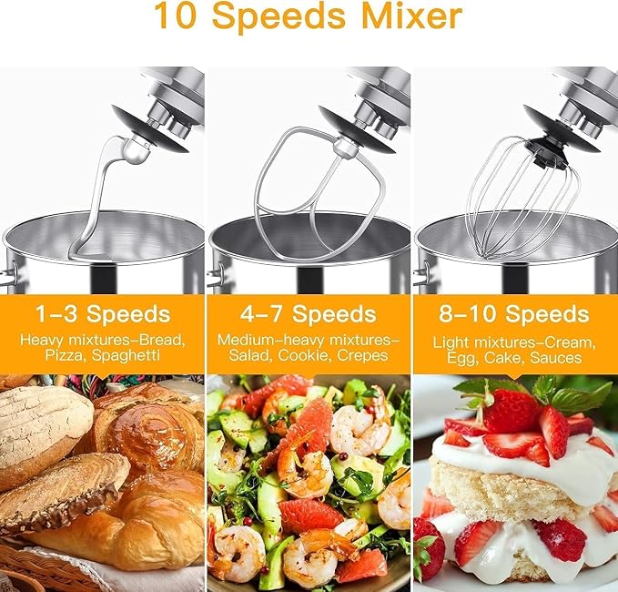 GarveeLife 7.5QT Stand Mixer, 10-Speed Tilt-Head Electric Food Mixer with Stainless Steel Bowl, 660W Motor, Dough Hook, Whisk & Beater, Compact Design for Home Baking,Silver