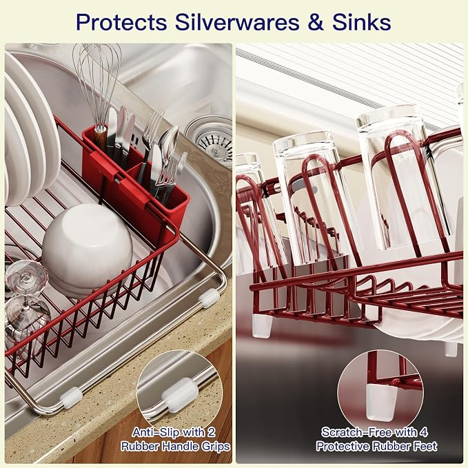 Red Dish Drying Rack Over The Sink with Utensil Holder | Expandable Stainless Steel Dish Drainer for Small Kitchen, Apartment, RV, Counter Space Saving, Perfect Fit, Rustproof