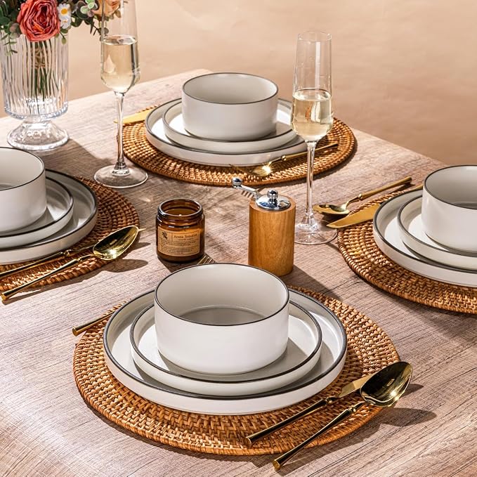 LERATIO Stoneware Dinnerware Sets for 4,12-Piece Matte Plates and Bowls Set | Handmade High Edge Rim Dish Set,Oven & Microwave,Dishwasher Safe,Scratch Resistant-Creamly White