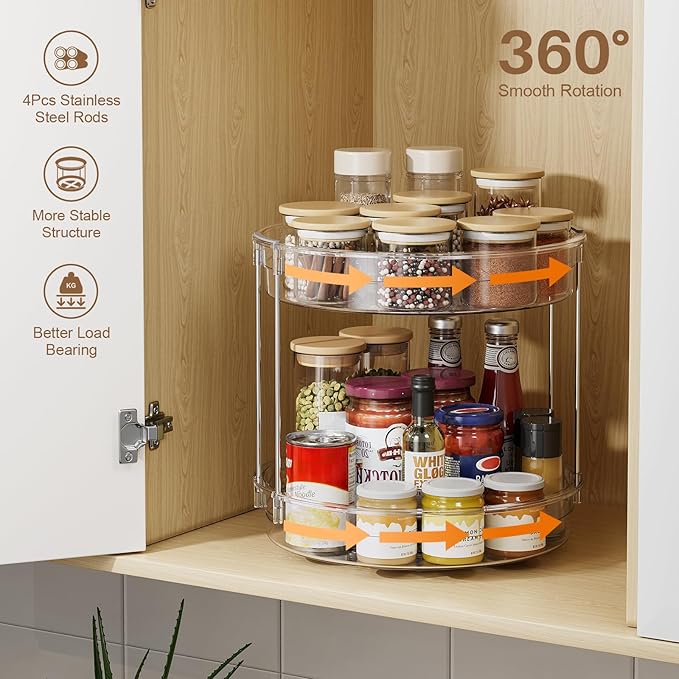 LAMU 2 Pack 2 Tier Lazy Susan Turntable Organizer 12inch Rotating Spice Rack Organization for Cabinet, Kitchen, Pantry, Countertop, Bathroom, Vanity, Medicine Cabinet Organizer, Clear