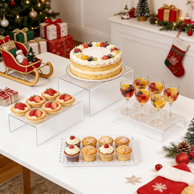 Acrylic Buffet Risers, Food Risers for Buffet Table, Clear Acrylic Risers Display Stand with U Shaped for Catering Supplies, Scalloped Acrylic Serving Tray for Cupcake, Dessert and Party (Clear 4 PCS)