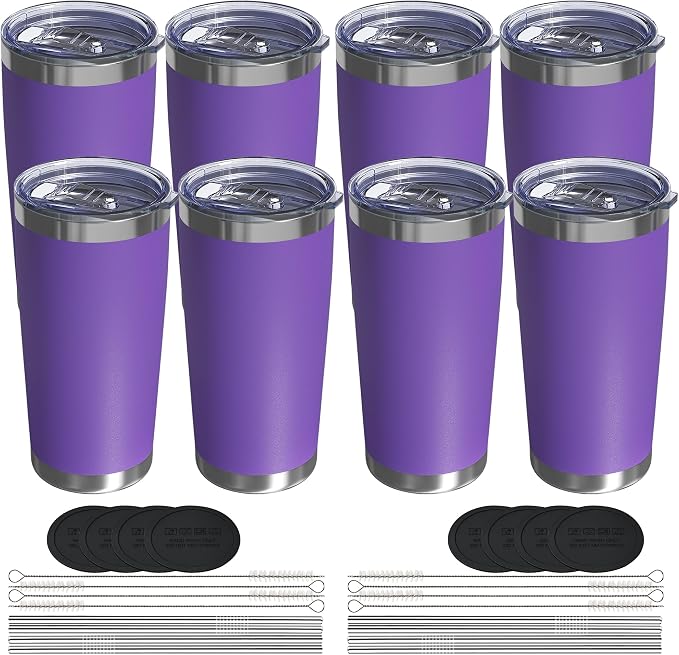 20oz Travel Coffee Tumbler 8 Pack, Lids and Straws, Stainless Steel | Double Wall Vacuum Insulated Tumbler, Coffee Mug for Hot & Cold Drinks, Fits Most Car Cup Holders, Purple