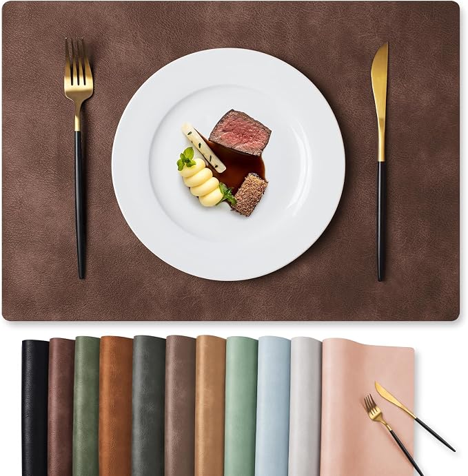 MOSAYT Vinyl Placemats Set of 8-12 X 17 Inch - Faux Leather 100% Waterproof Oil-Proof Wipeable PU Place Mats, Heat Resistant Reversible Table Mats for Kitchen, Dining, Outdoor, Coffee