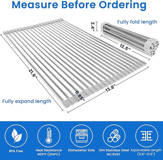 Roll Up Dish Drying Rack Over the Sink 12.5"-21.6" Expandable | 304 Stainless Steel Foldable Sink Drying Rack, Dish Drainer for Kitchen Sink, Dish Dryer Rack Mat for Kitchen Counter, Gray