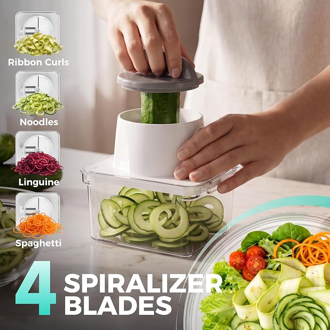 HAUSHOF All-in-1 Vegetable Chopper and Mandoline Slicer,13 Blades | Veggie Chopper and Spiralizer for Kitchen ,Dicer and Grater, Kitchen Prep Tool with Slide-Out Tray Container & Safety Holder