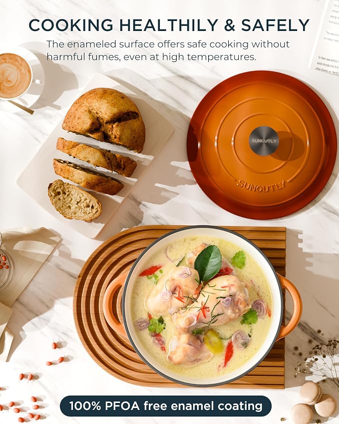 Enameled Cast Iron Dutch Oven - 7.5QT Dutch Oven Pot with Lid & Cotton Potholders - Heavy-Duty Non Stick Casserole Pot for Braising, Stews, Roasting, Baking, Suitable for All Stovetops, Vibrant Orange