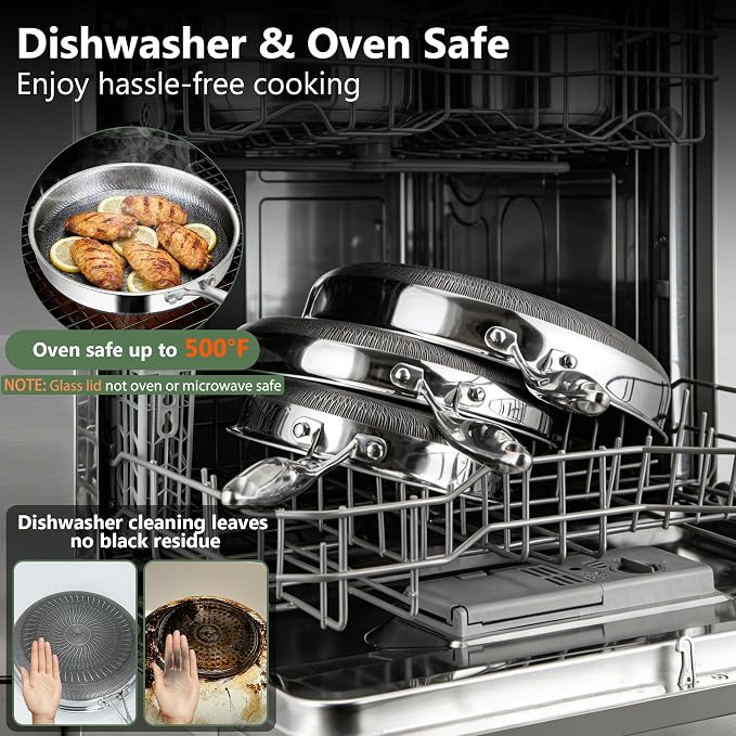 Frying Pans, 10-inch with Lid, Hybrid Frying Pans Stainless Steel Skillets, Dishwasher & Oven-Safe, Stay-Cool Handle, PFOA Free Cookware, Compatible with All Cooktops