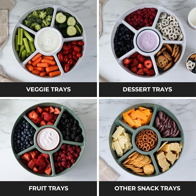 Heavy-Duty Divided Serving Tray with Leakproof Lid - 6 Divided Compartments to Serve & Store Food, Fruit Tray, Veggie Tray, Party Platters - Made In USA (White Tray/Clear Lid)