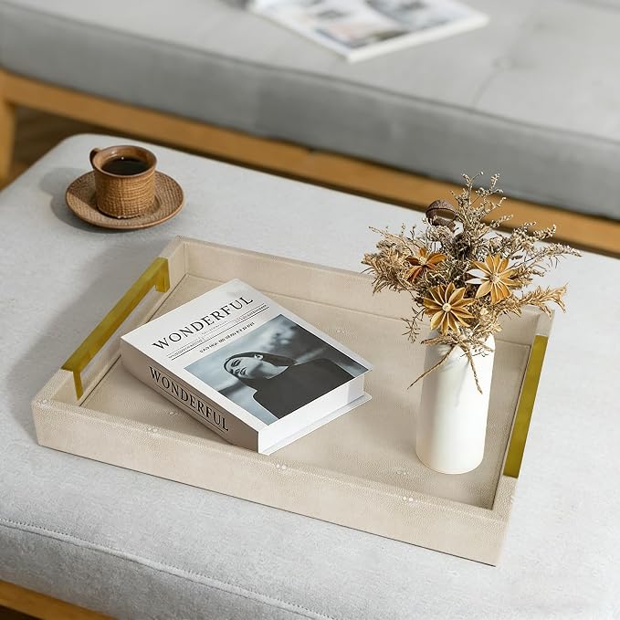HofferRuffer Faux Leather Serving Tray with Gold Metal Handles, Stylish Decorative Tray Organizer for Coffee Table, Ottoman, Home Decor and Serving (LightGrey Shagreen, 16.2" x 12.2" x 2")