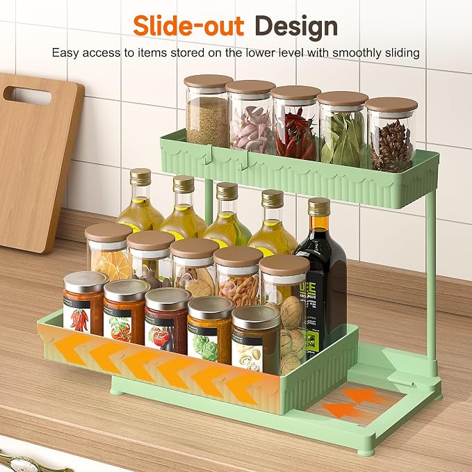 3-Pack 2-Tier L-Shaped Under Sink Organizers with Sliding Drawers | Multi-use kitchen & bathroom storage, 14.85 inch green cabinet organizer, space-saving sliding drawer design.