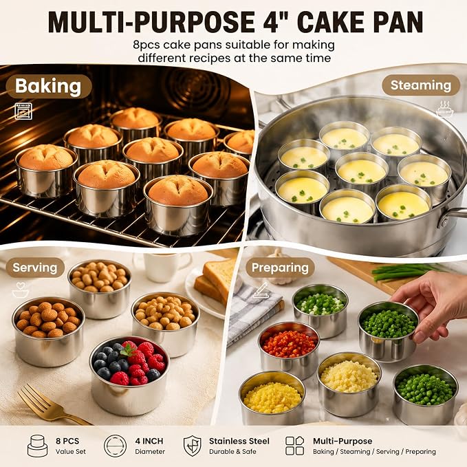 TeamFar 4 Inch Cake Pan, 8 Pcs Stainless Steel Round Baking Cake Pans Set | Layer Cake Baking Pans Set for Baking Steaming Serving, Healthy & Sturdy, Mirror Finish & Dishwasher Safe