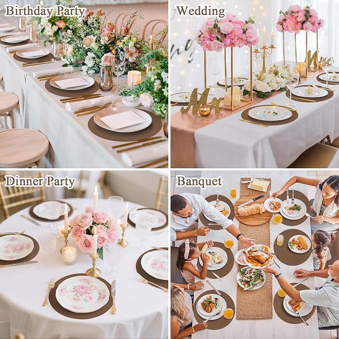 SHACOS 100 pcs Round Paper Placemats Disposable 13 inch Colored Paper Decorative Place Mats for Wedding Birthday Party Bridal Baby Shower Events Table Decoration, Brown